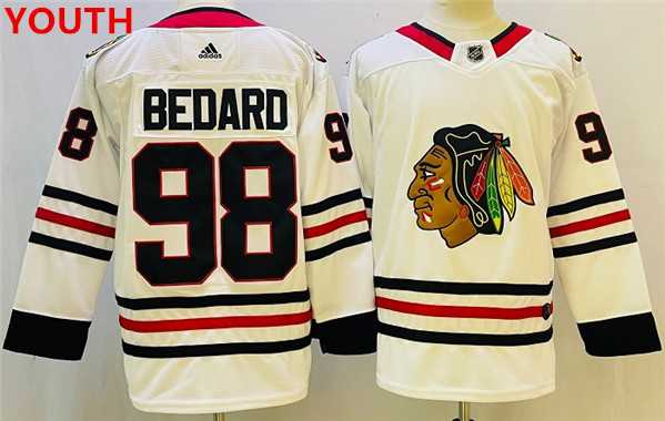 Youth Chicago Blackhawks #98 Connor Bedard White Black Stitched Jersey->youth nfl jersey->Youth Jersey